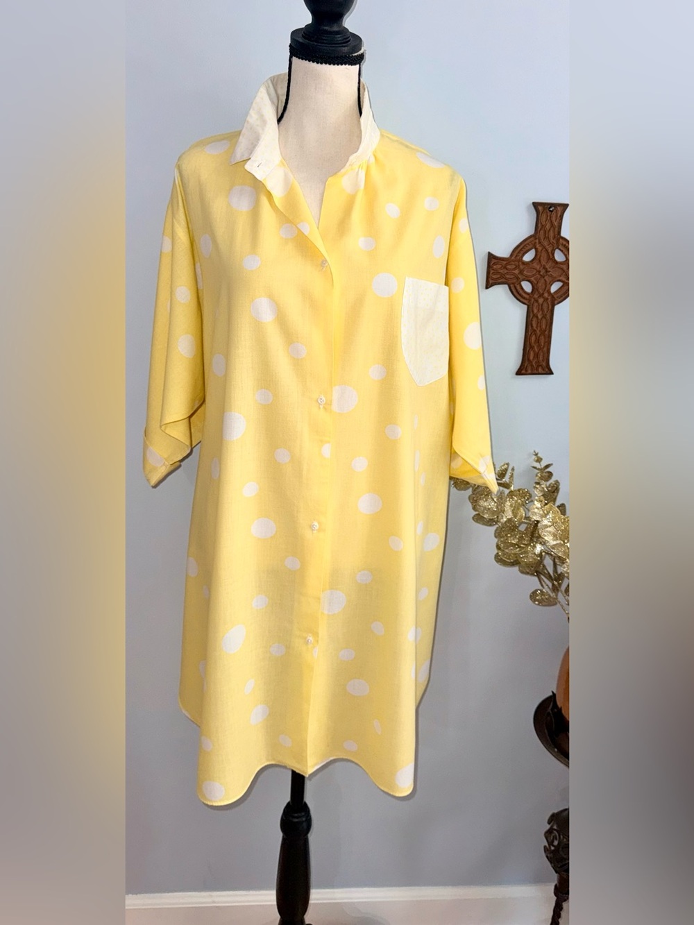 Vintage Yellow White Polka Dot Oversized Tunic Blouse Cottagecore Coastal Top
